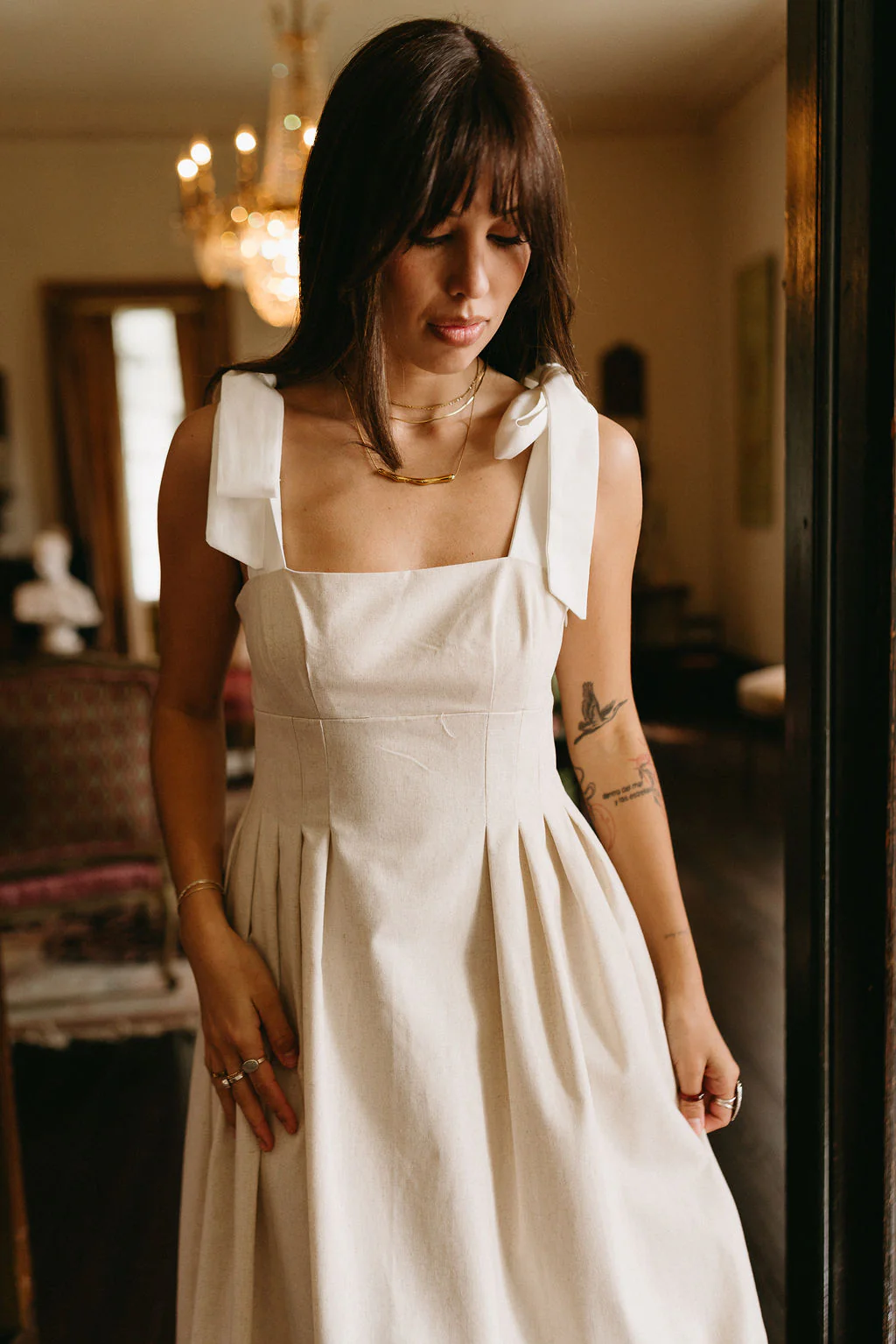 Victoria Oatmeal & White Linen Midi Dress - Image 2