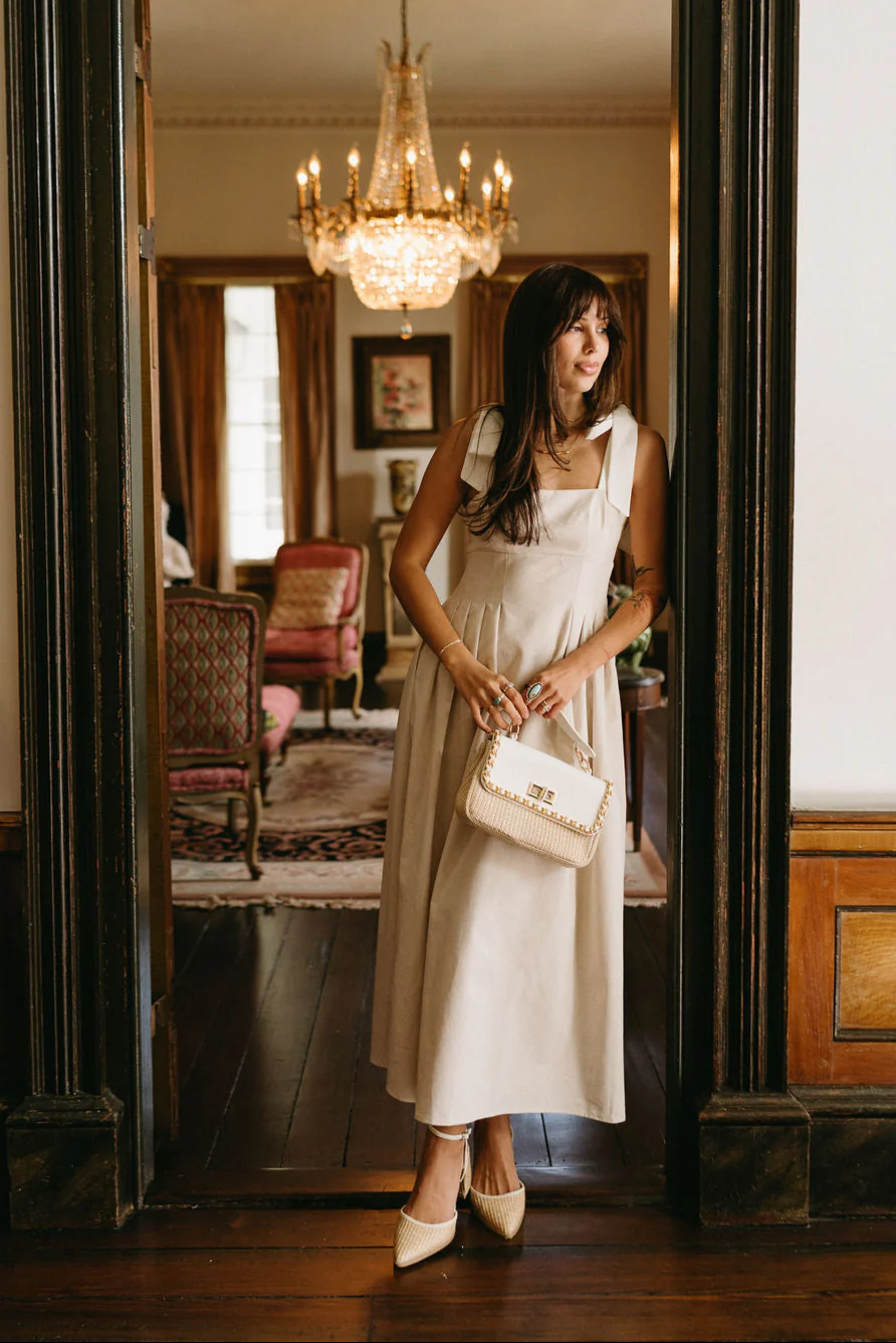 Victoria Oatmeal & White Linen Midi Dress - Image 5