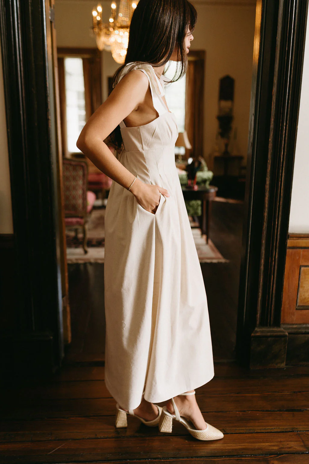 Victoria Oatmeal & White Linen Midi Dress - Image 7