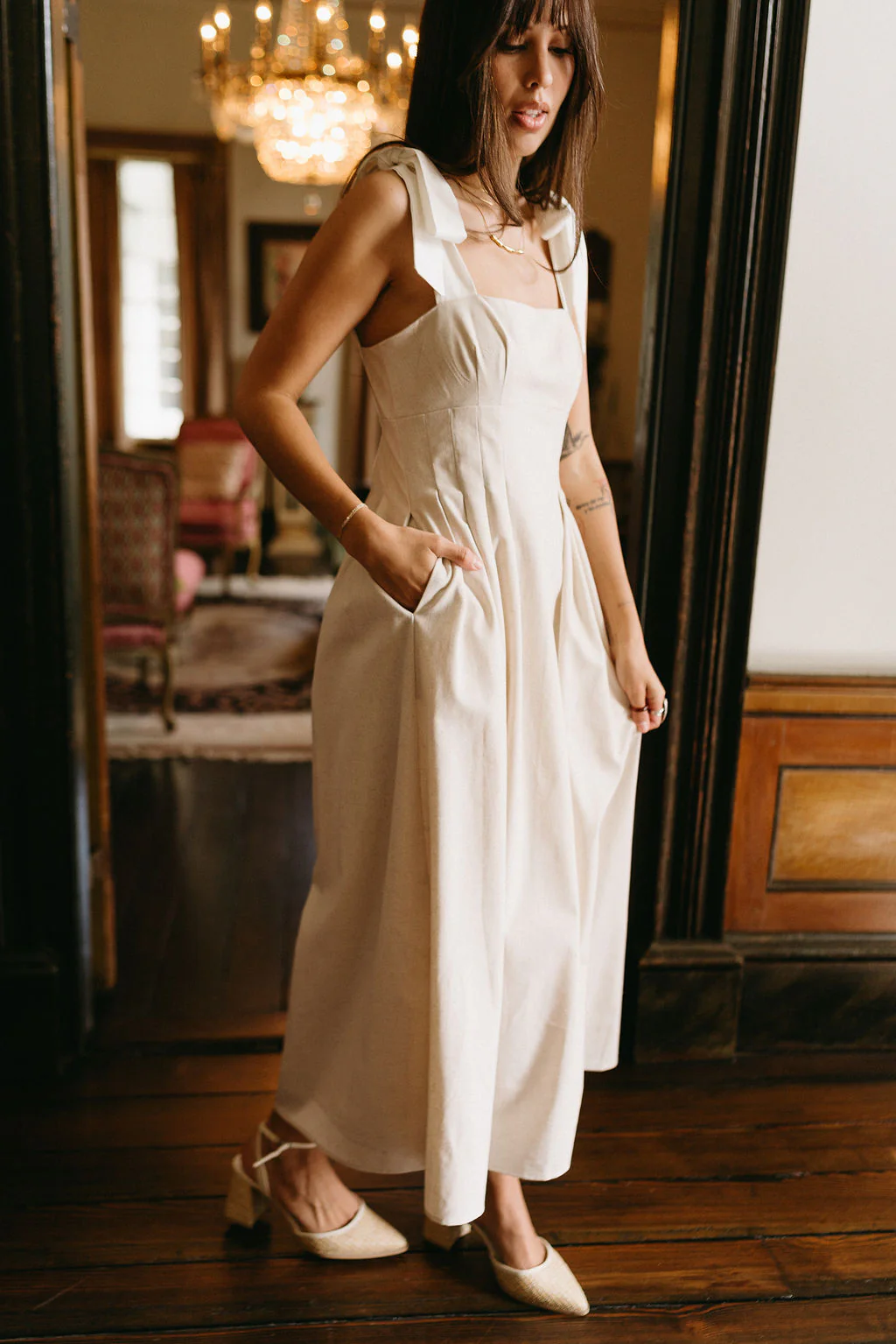 Victoria Oatmeal & White Linen Midi Dress - Image 8