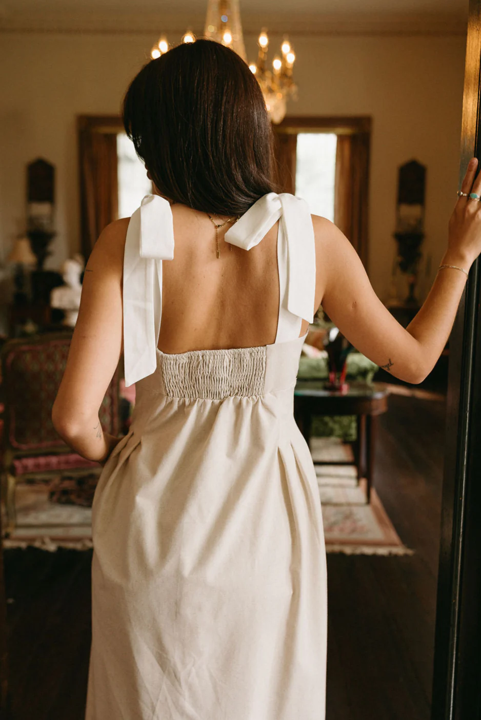 Victoria Oatmeal & White Linen Midi Dress - Image 9