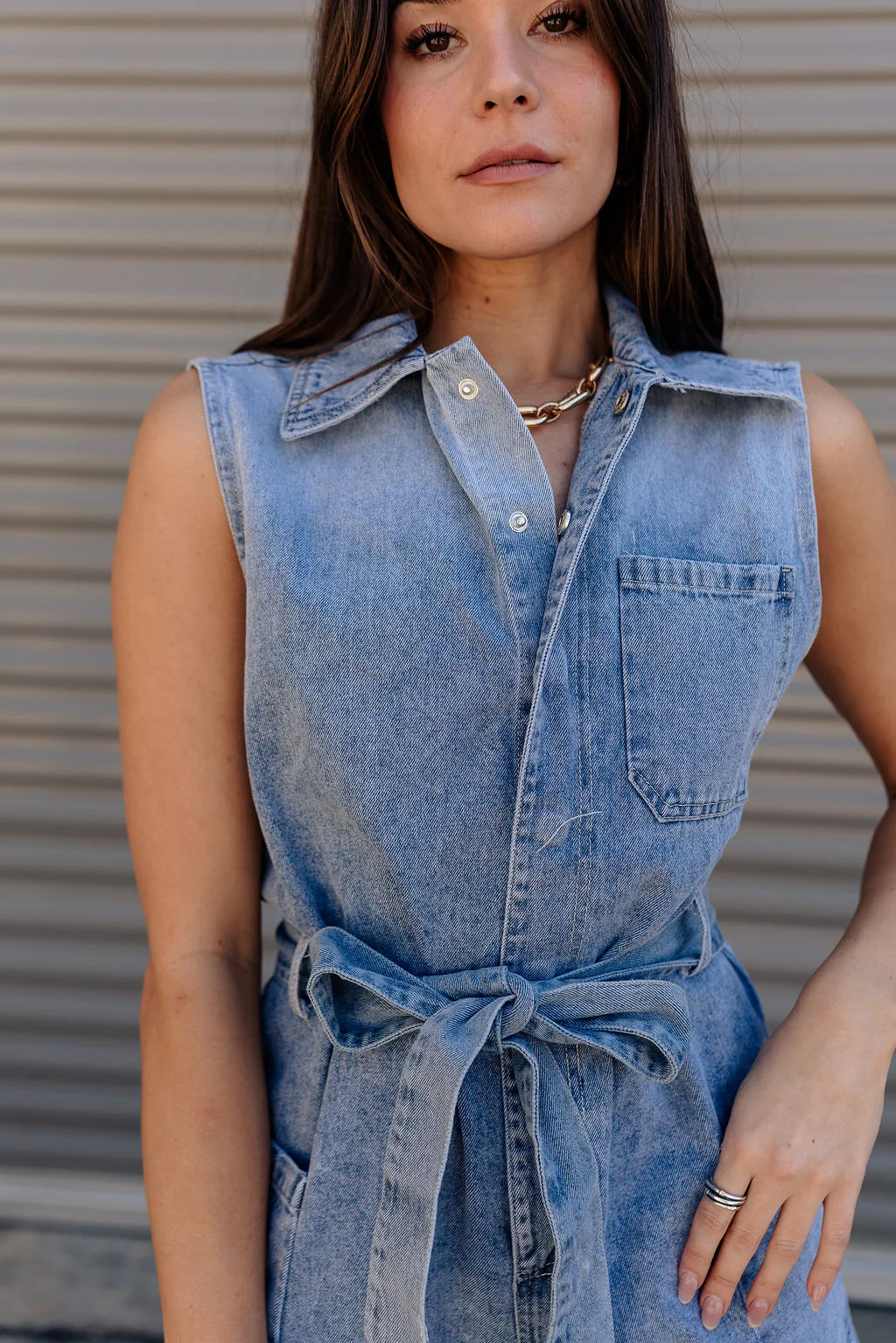 Viola Washed Denim Tie Waist Romper - Image 7