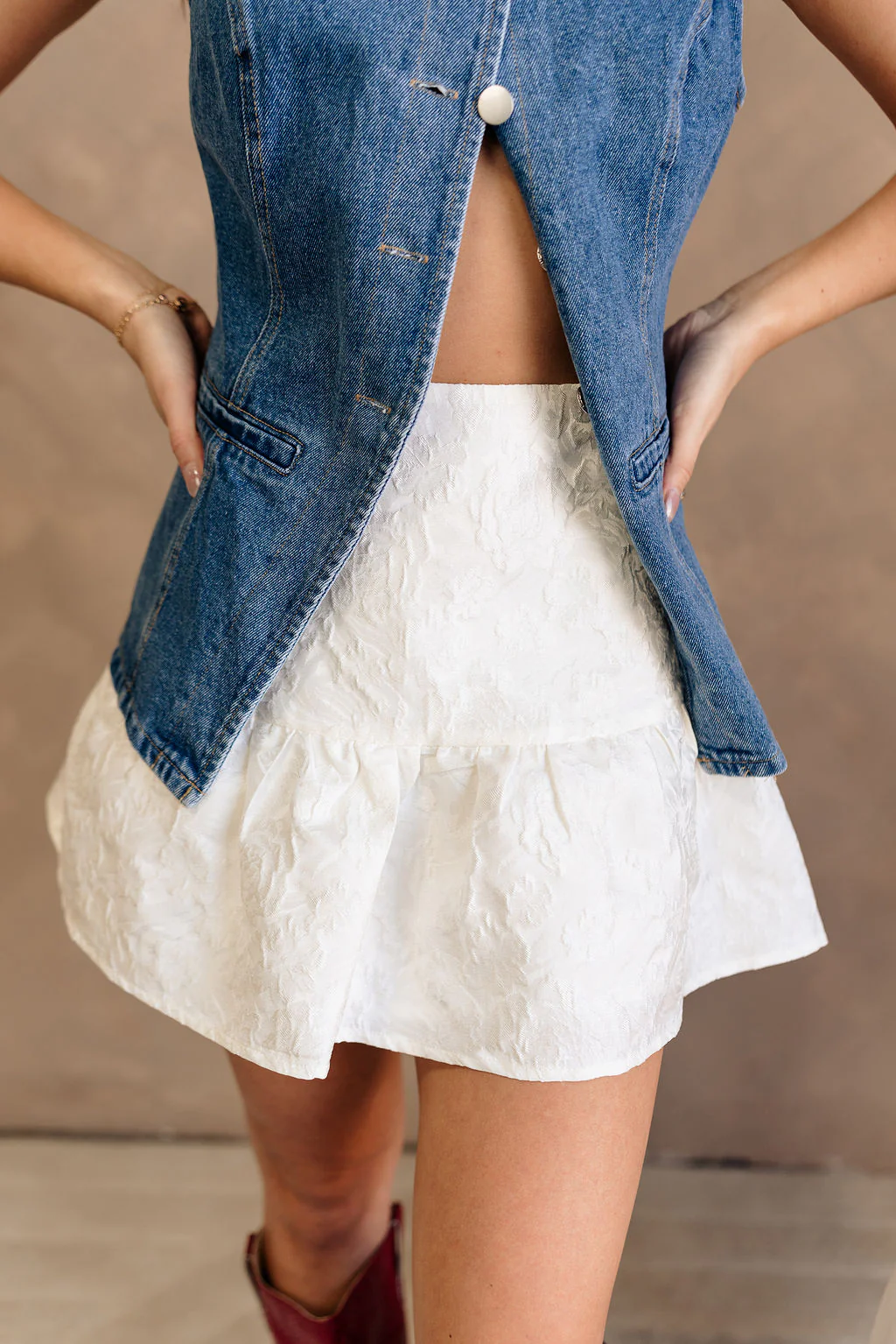 Violetta Ivory Jacquard Floral Flare Skirt - Image 7