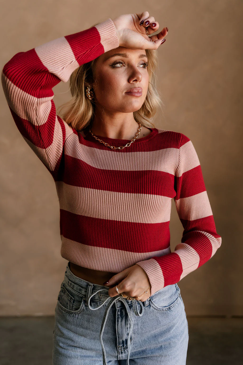 Vivian Deep Red & Pink Ribbed Knit Top