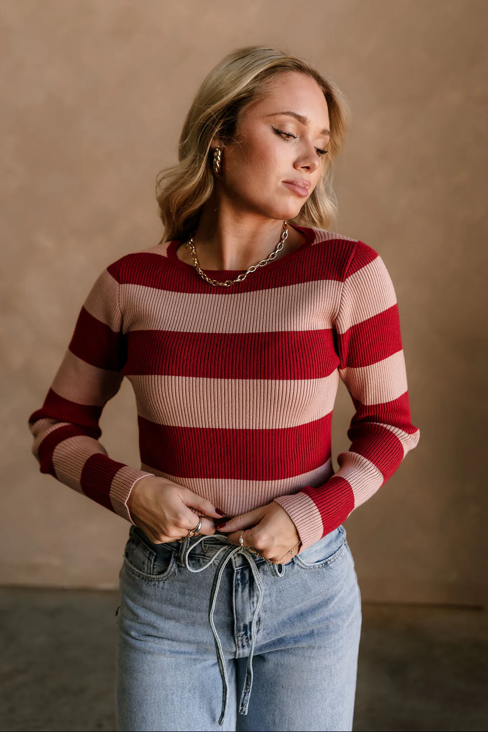 Vivian Deep Red & Pink Ribbed Knit Top - Image 2