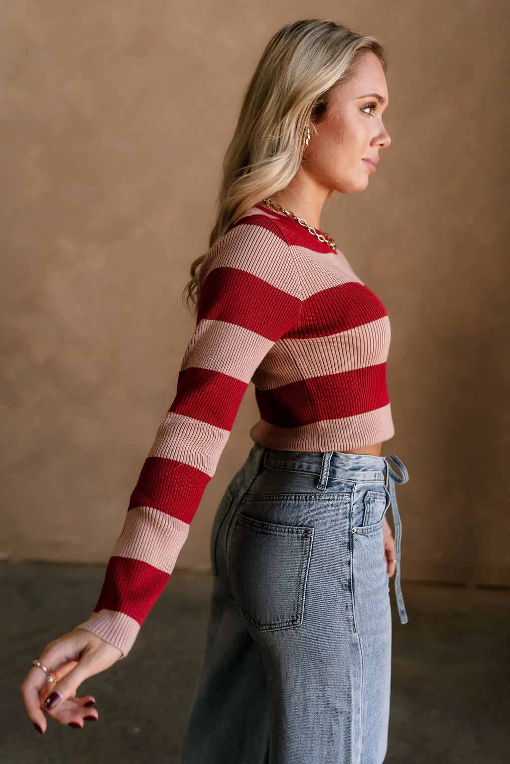 Vivian Deep Red & Pink Ribbed Knit Top - Image 3