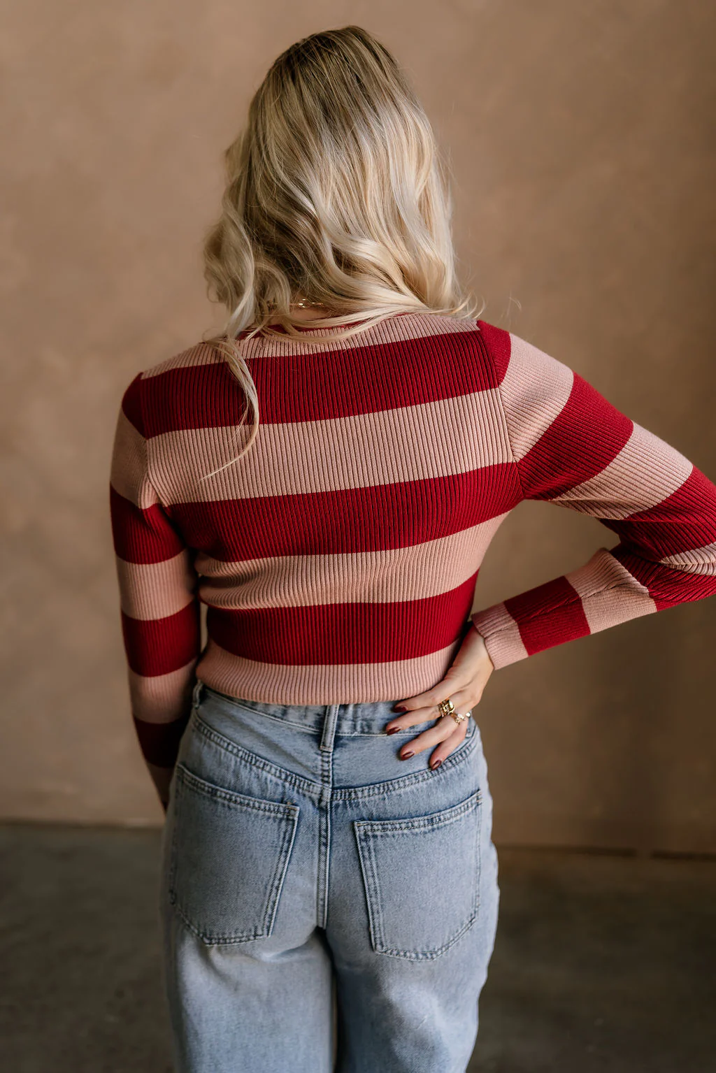 Vivian Deep Red & Pink Ribbed Knit Top - Image 4