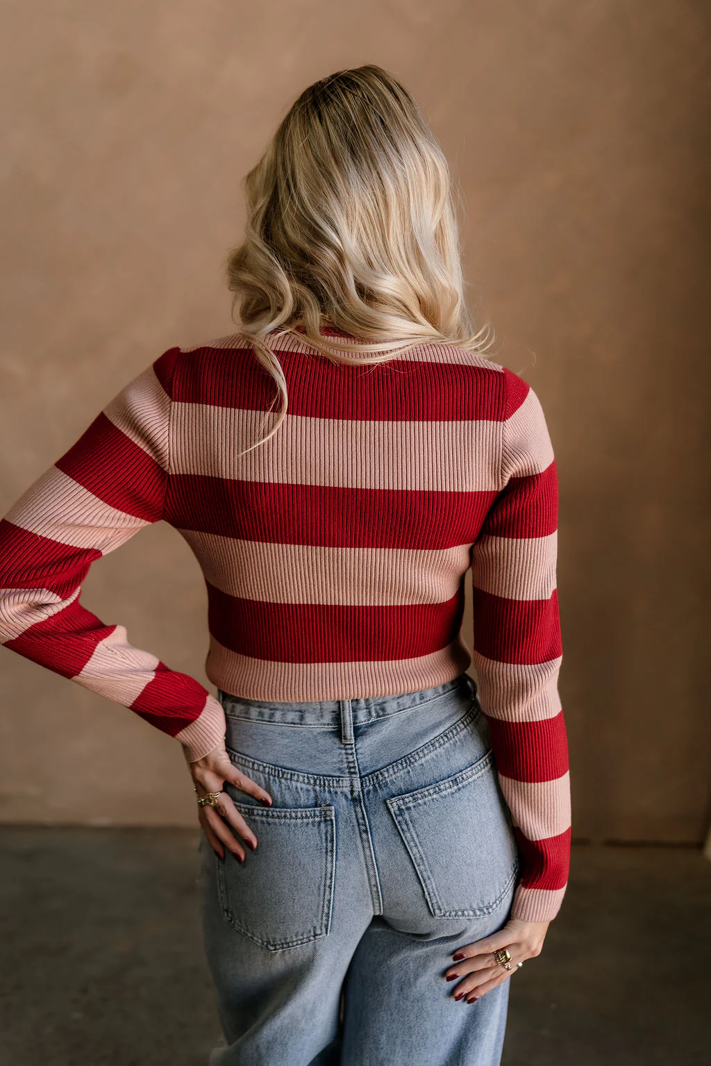 Vivian Deep Red & Pink Ribbed Knit Top - Image 6