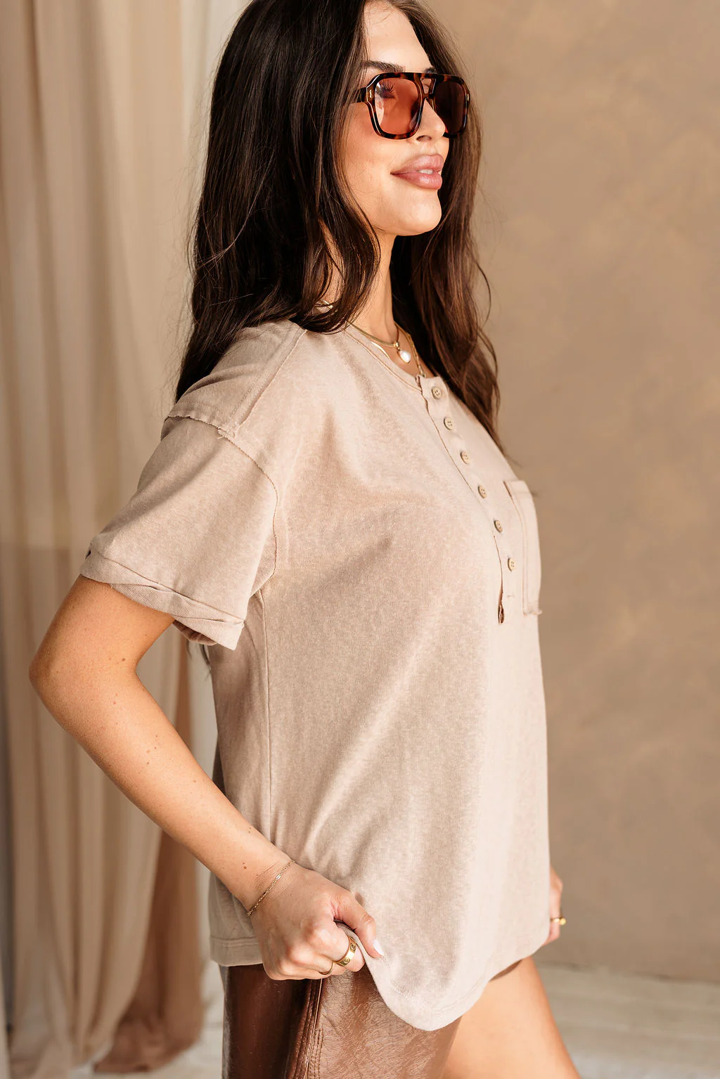 Whitney Taupe Henley Top - Image 4