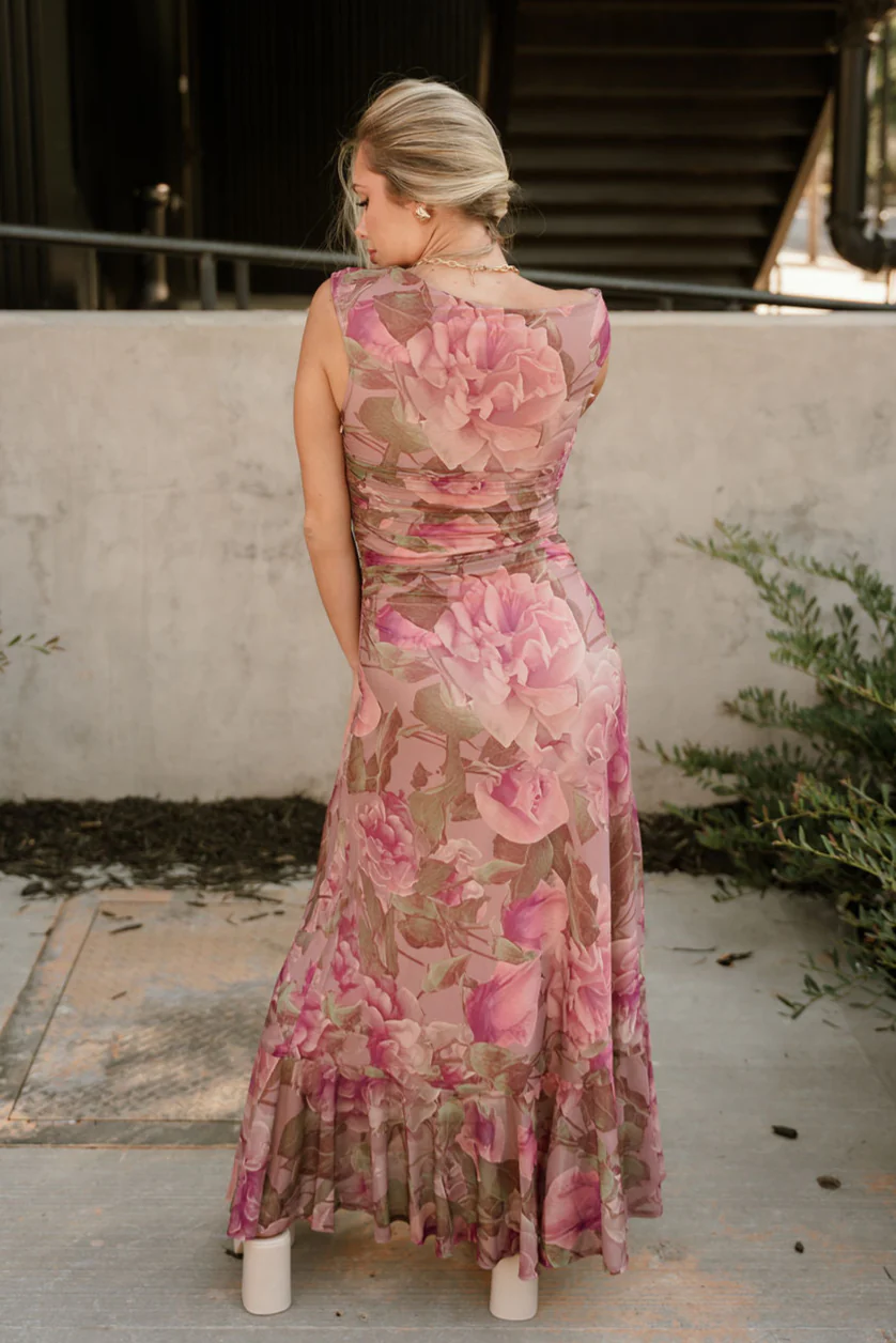 Willa Blush Multi Floral Mesh Ruched Midi Dress - Image 7