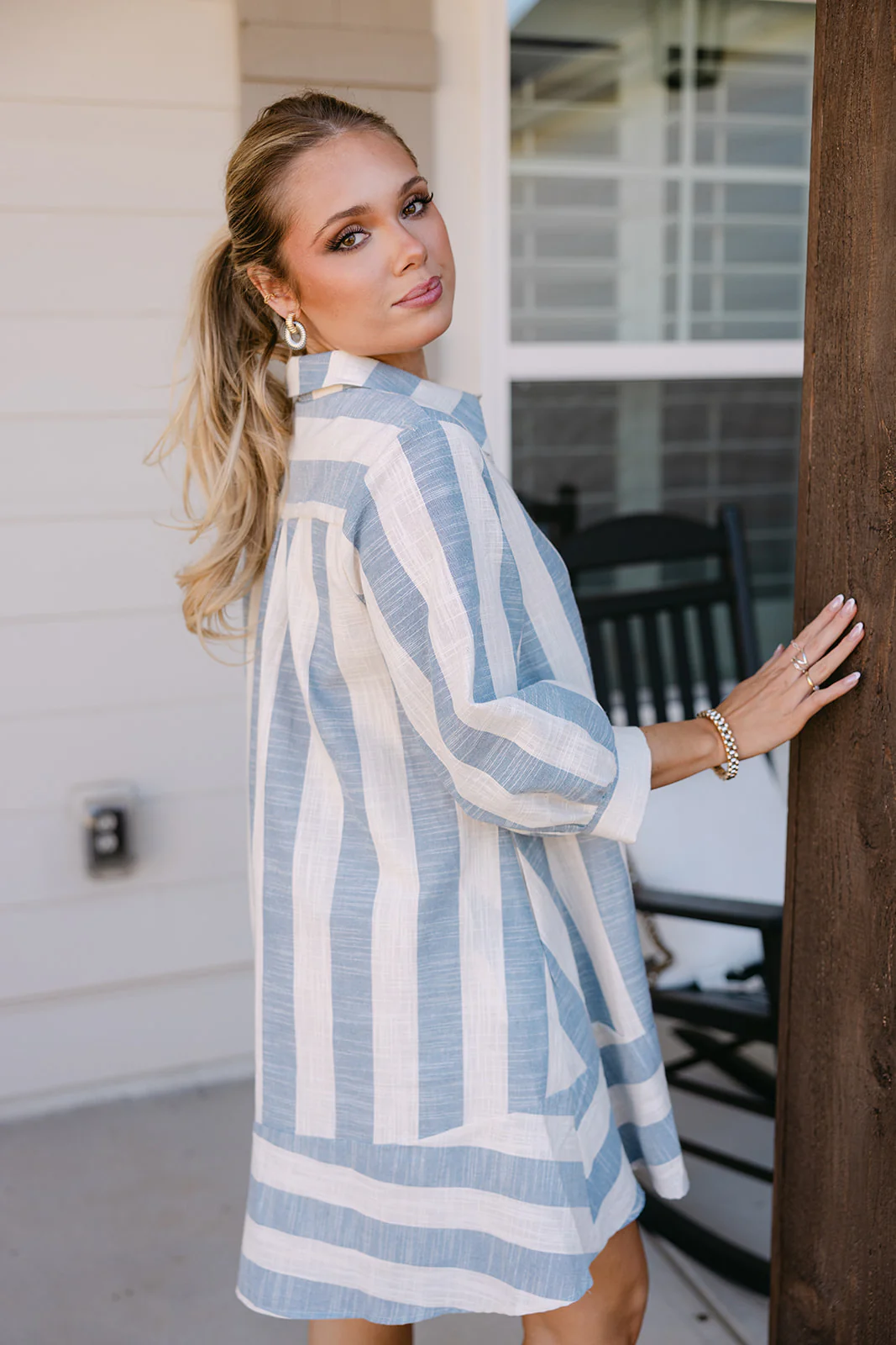 Willa Oatmeal & Dusty Blue Linen Stripe Mini Dress - Image 2