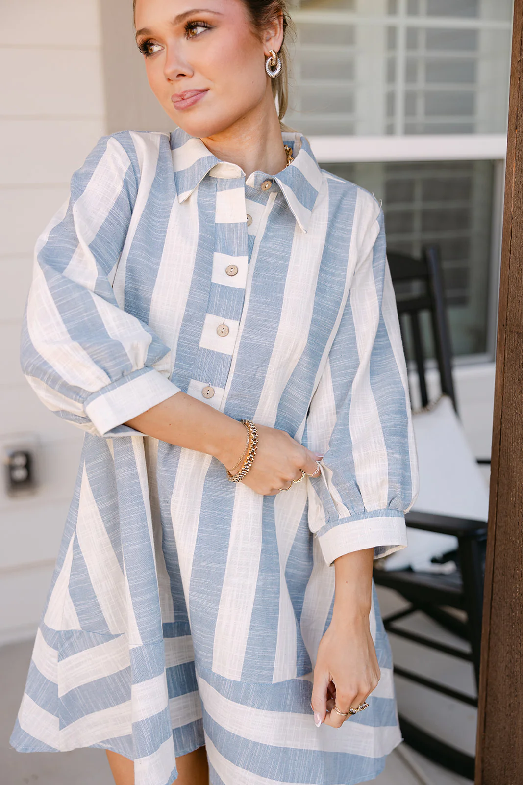 Willa Oatmeal & Dusty Blue Linen Stripe Mini Dress - Image 3