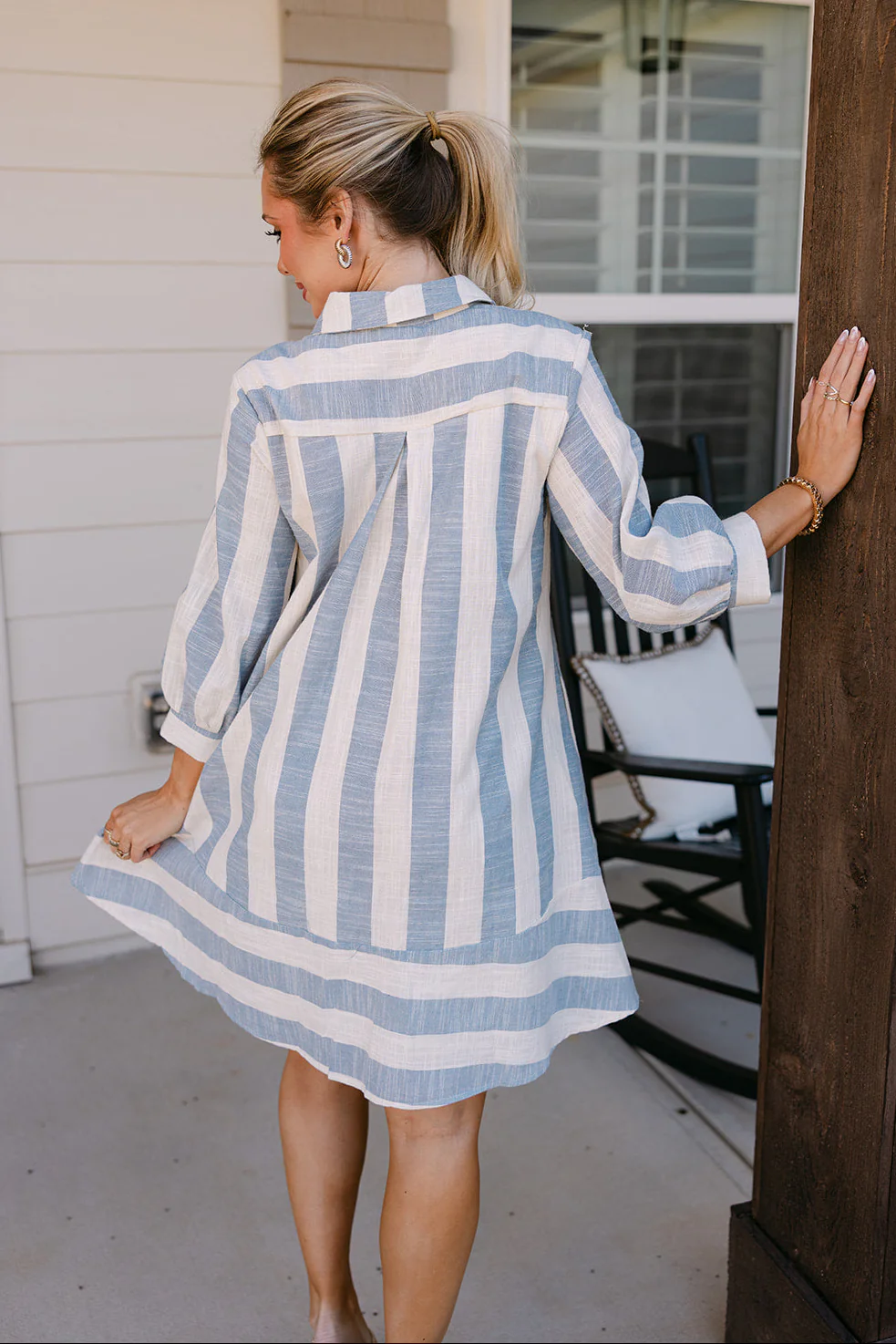 Willa Oatmeal & Dusty Blue Linen Stripe Mini Dress - Image 4