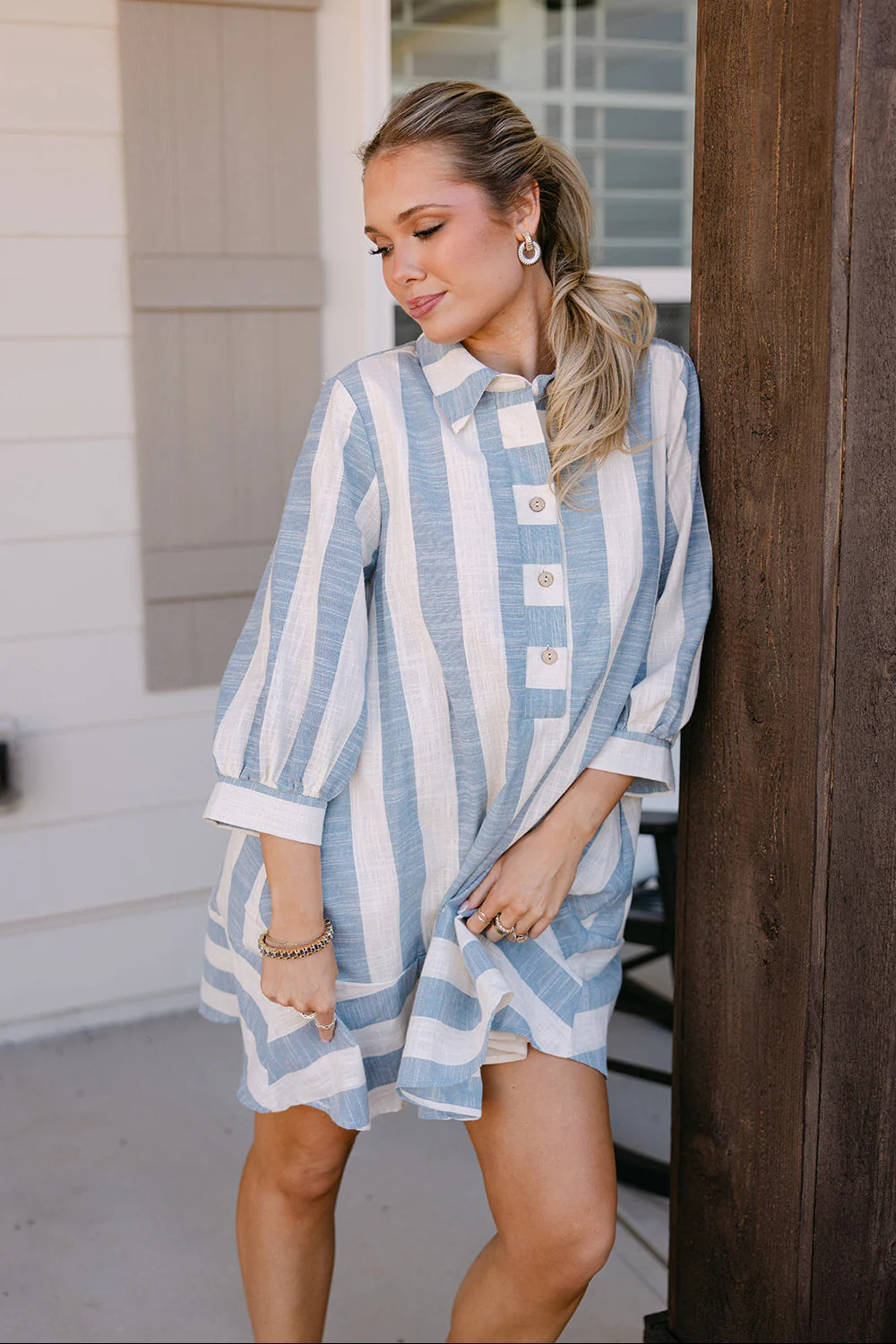 Willa Oatmeal & Dusty Blue Linen Stripe Mini Dress - Image 6