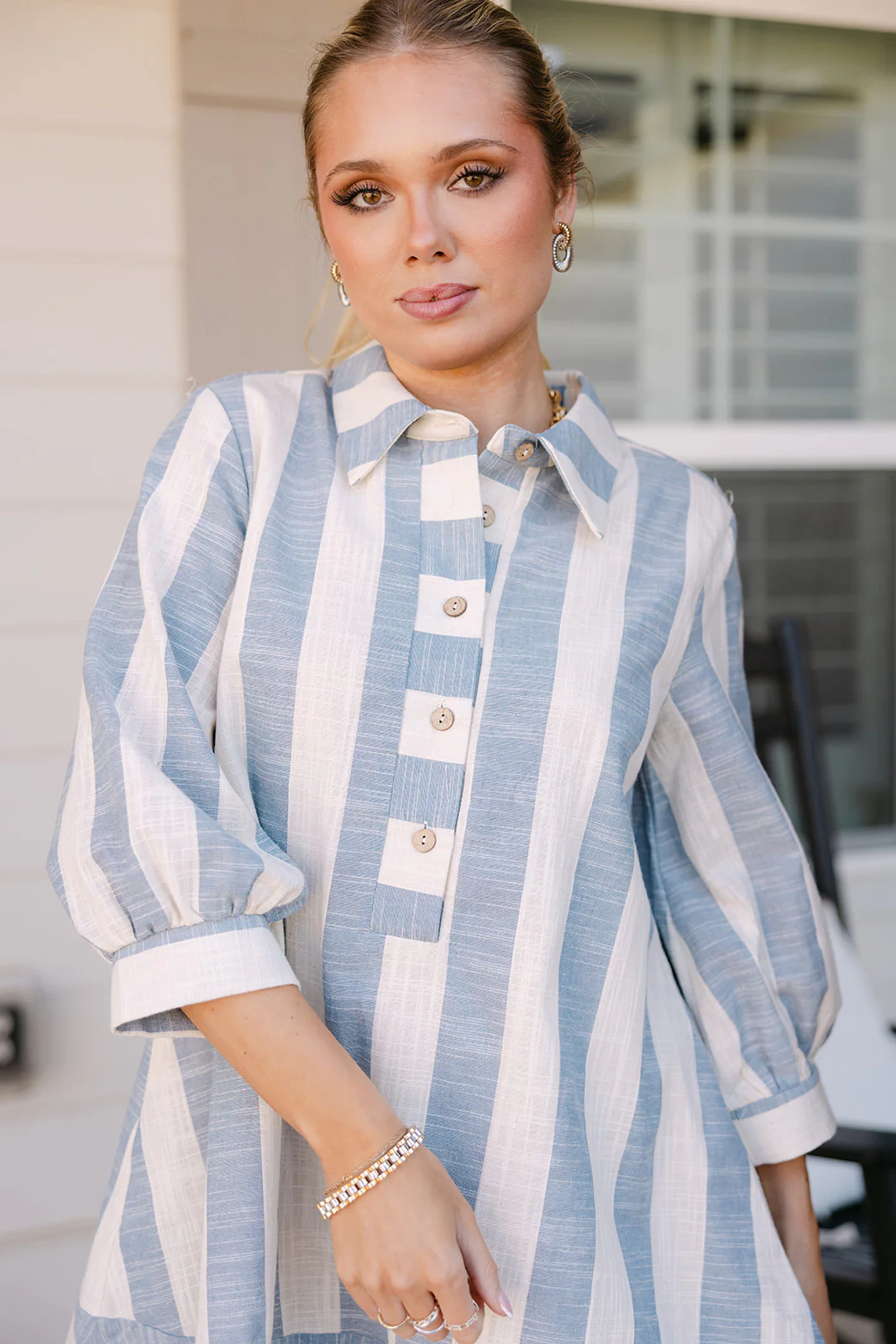 Willa Oatmeal & Dusty Blue Linen Stripe Mini Dress - Image 7