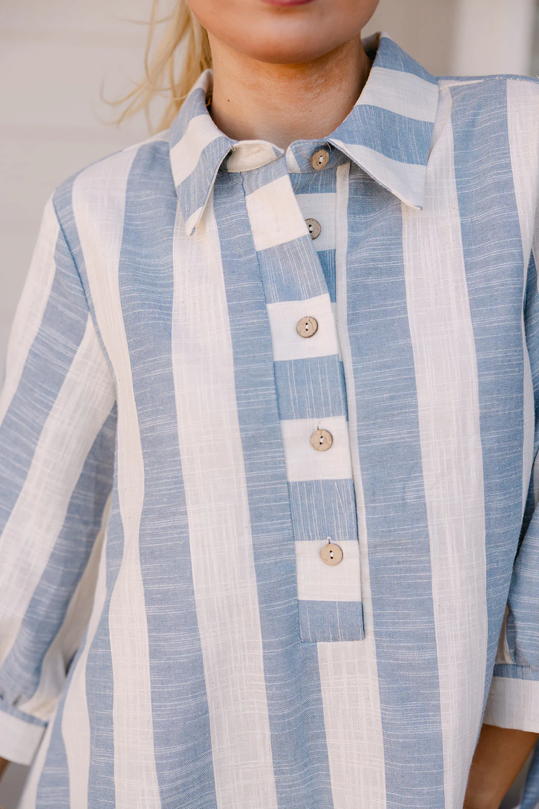 Willa Oatmeal & Dusty Blue Linen Stripe Mini Dress - Image 8