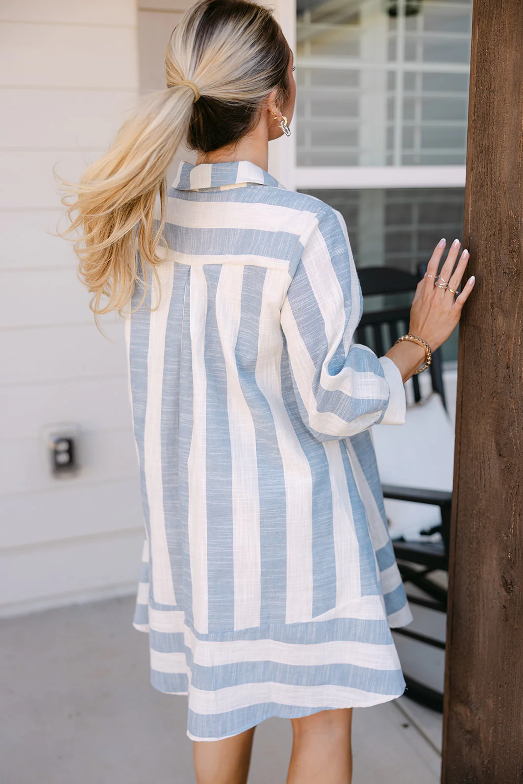 Willa Oatmeal & Dusty Blue Linen Stripe Mini Dress - Image 9