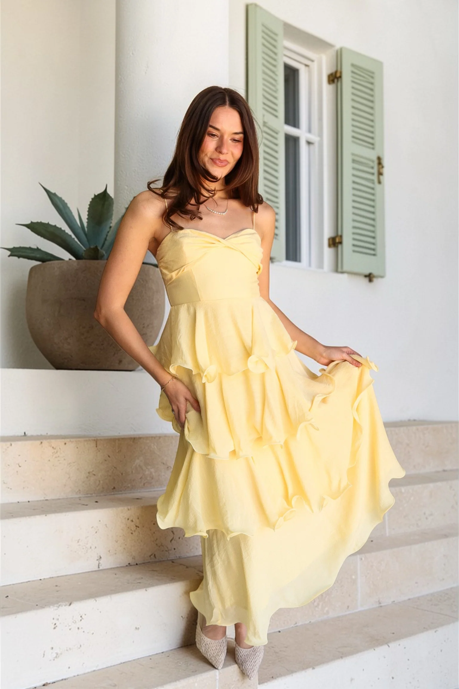 Willow Yellow Tiered Flare Midi Dress