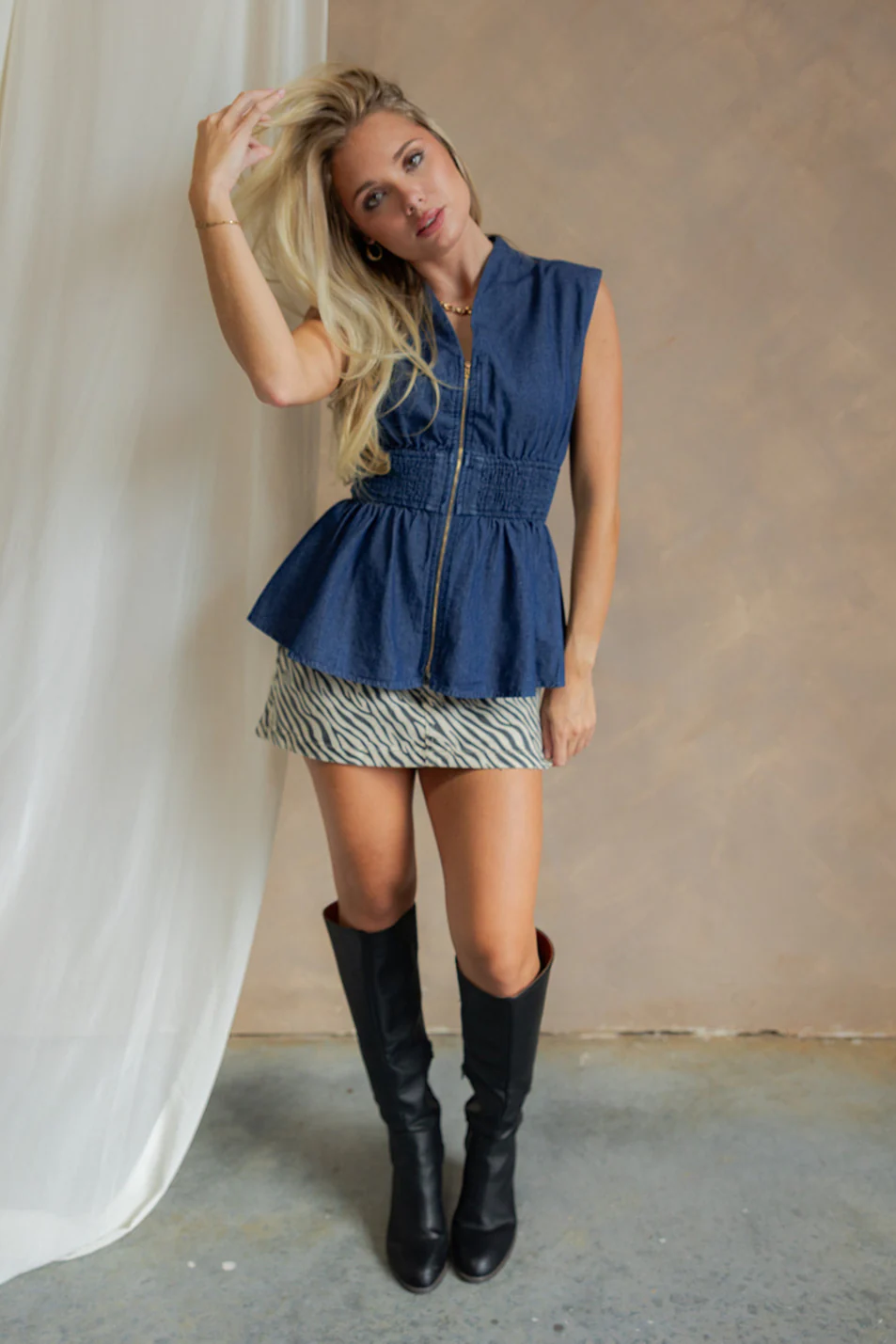 Winona Blue Denim Zip Up Top