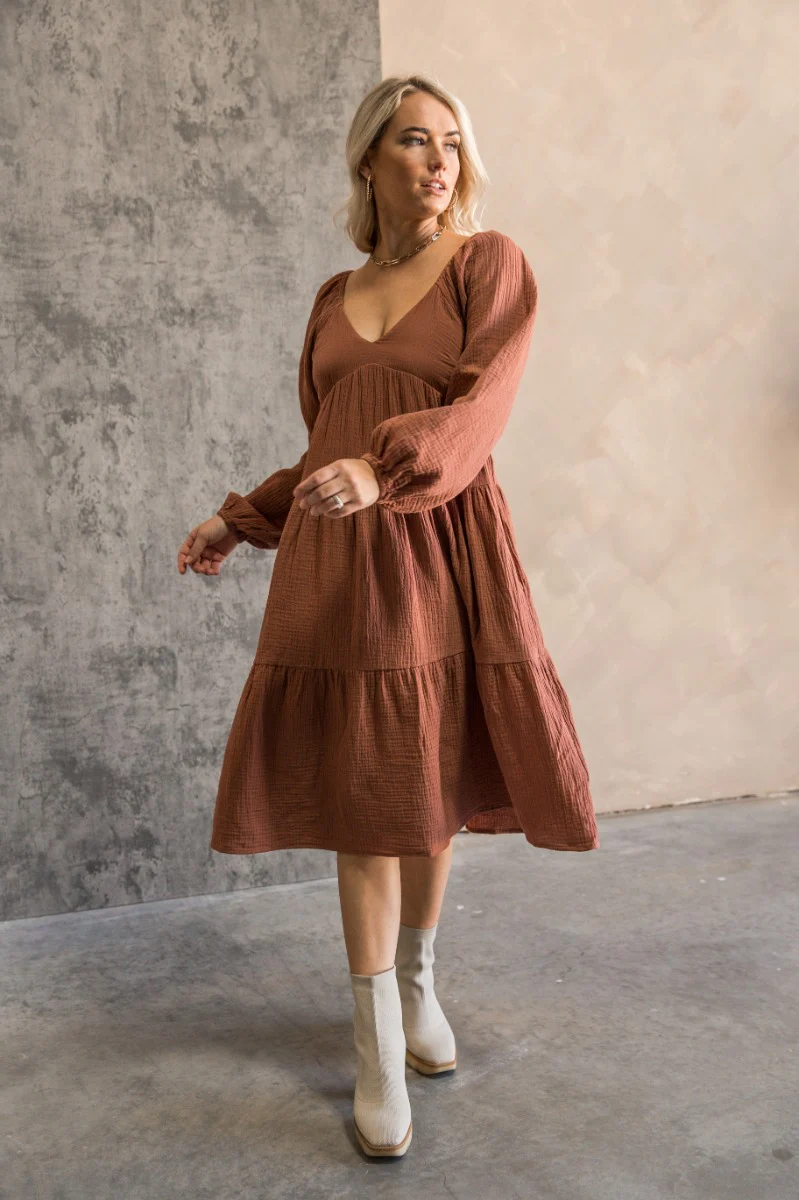 Wrenley Rust Long Sleeve Midi Dress - Image 2