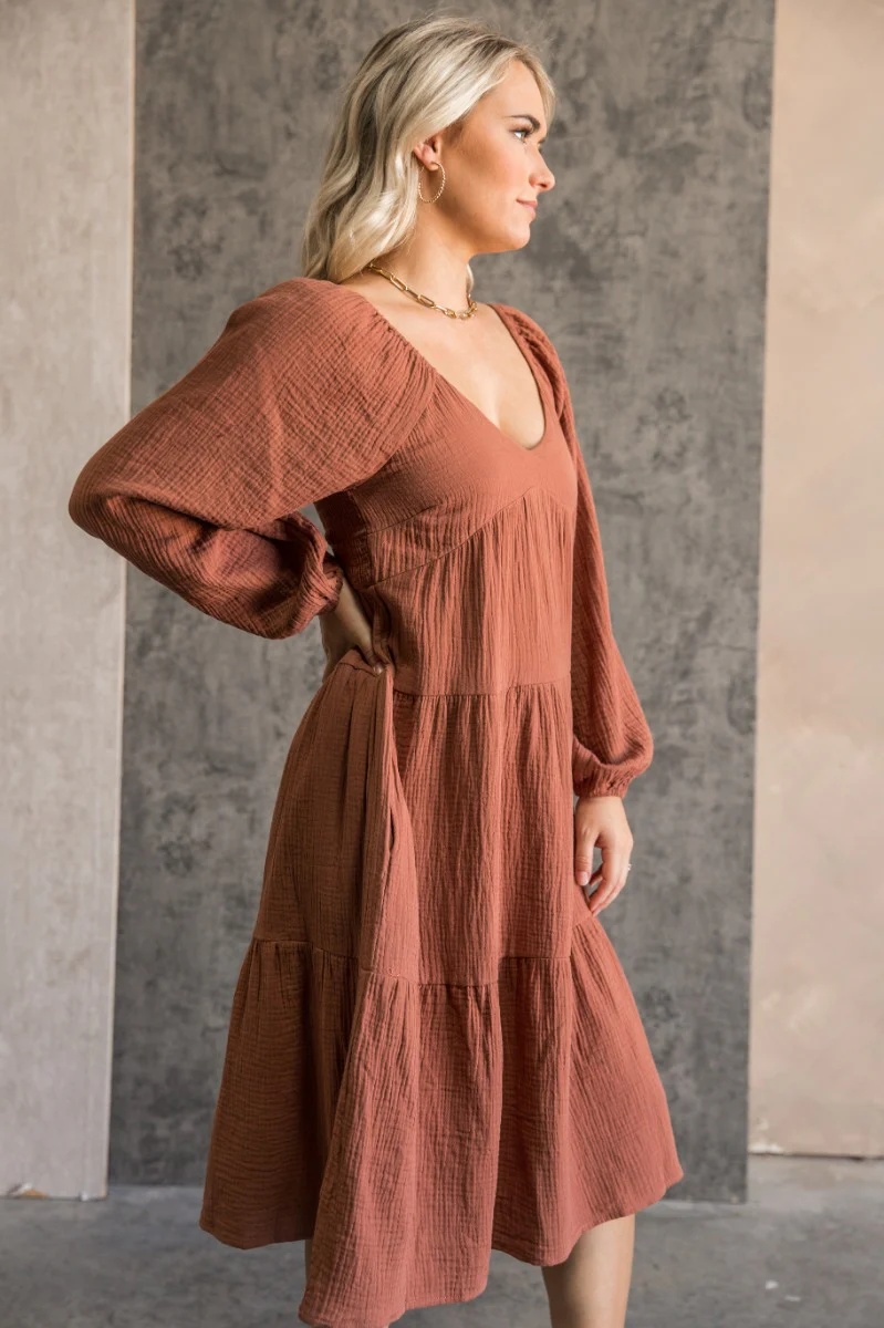 Wrenley Rust Long Sleeve Midi Dress - Image 4