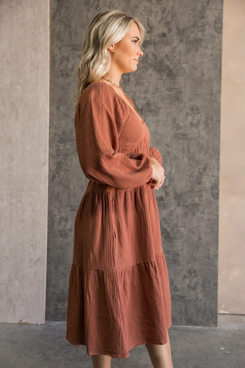 Wrenley Rust Long Sleeve Midi Dress - Image 5