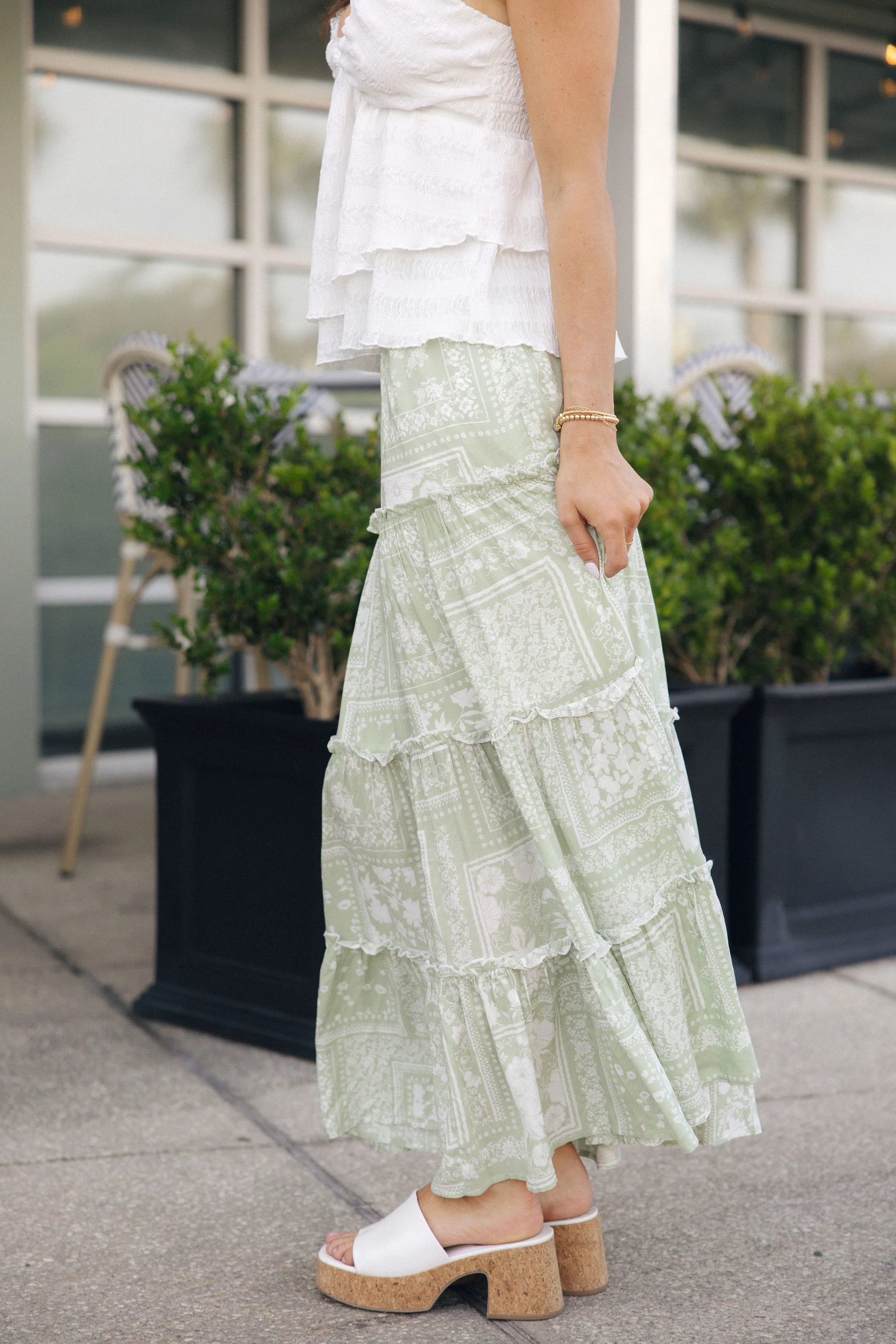 Yasmine Sage & White Floral Maxi Skirt - Image 3