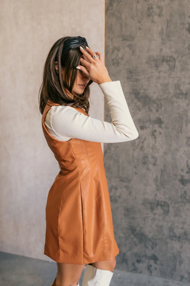 Zaria Camel Faux Leather Mini Dress - Image 4