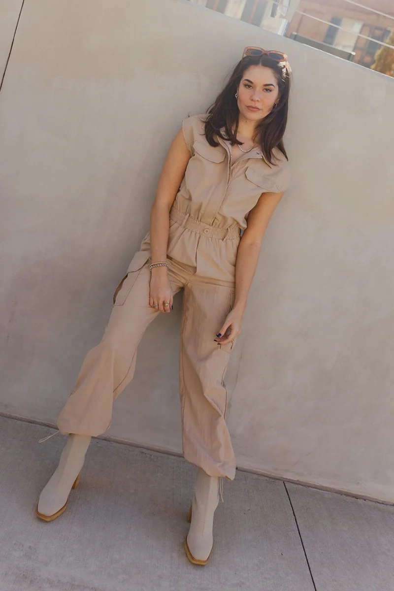 Zoe Khaki Sleeveless Cargo Jumpsuit - Image 2