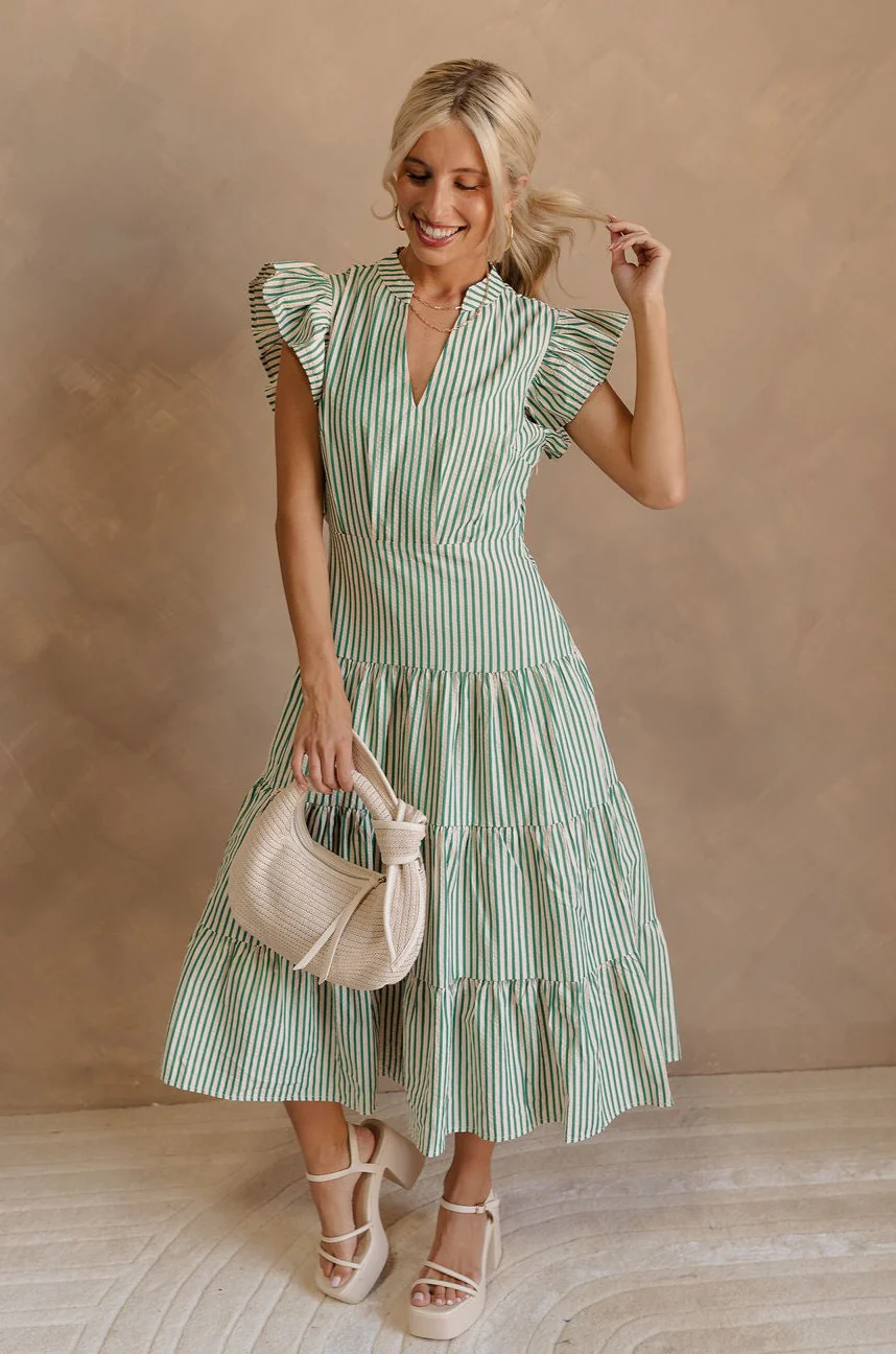 Zoey Green & Cream Striped Midi Dress