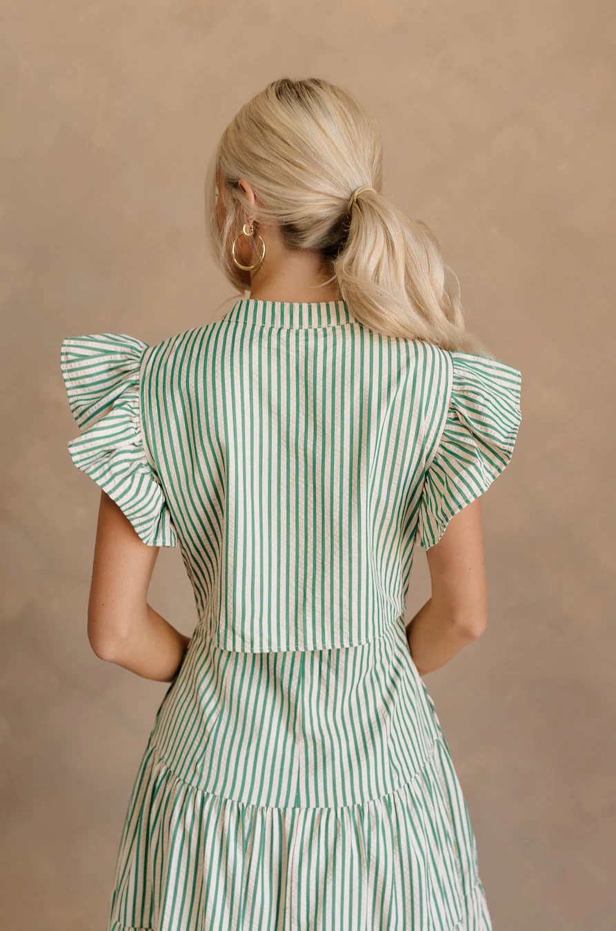 Zoey Green & Cream Striped Midi Dress - Image 3
