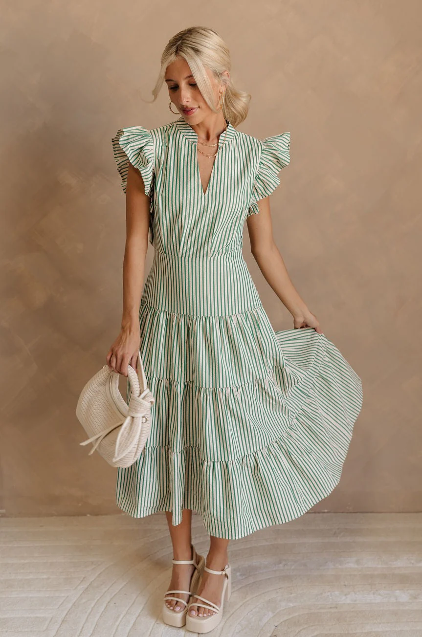 Zoey Green & Cream Striped Midi Dress - Image 8