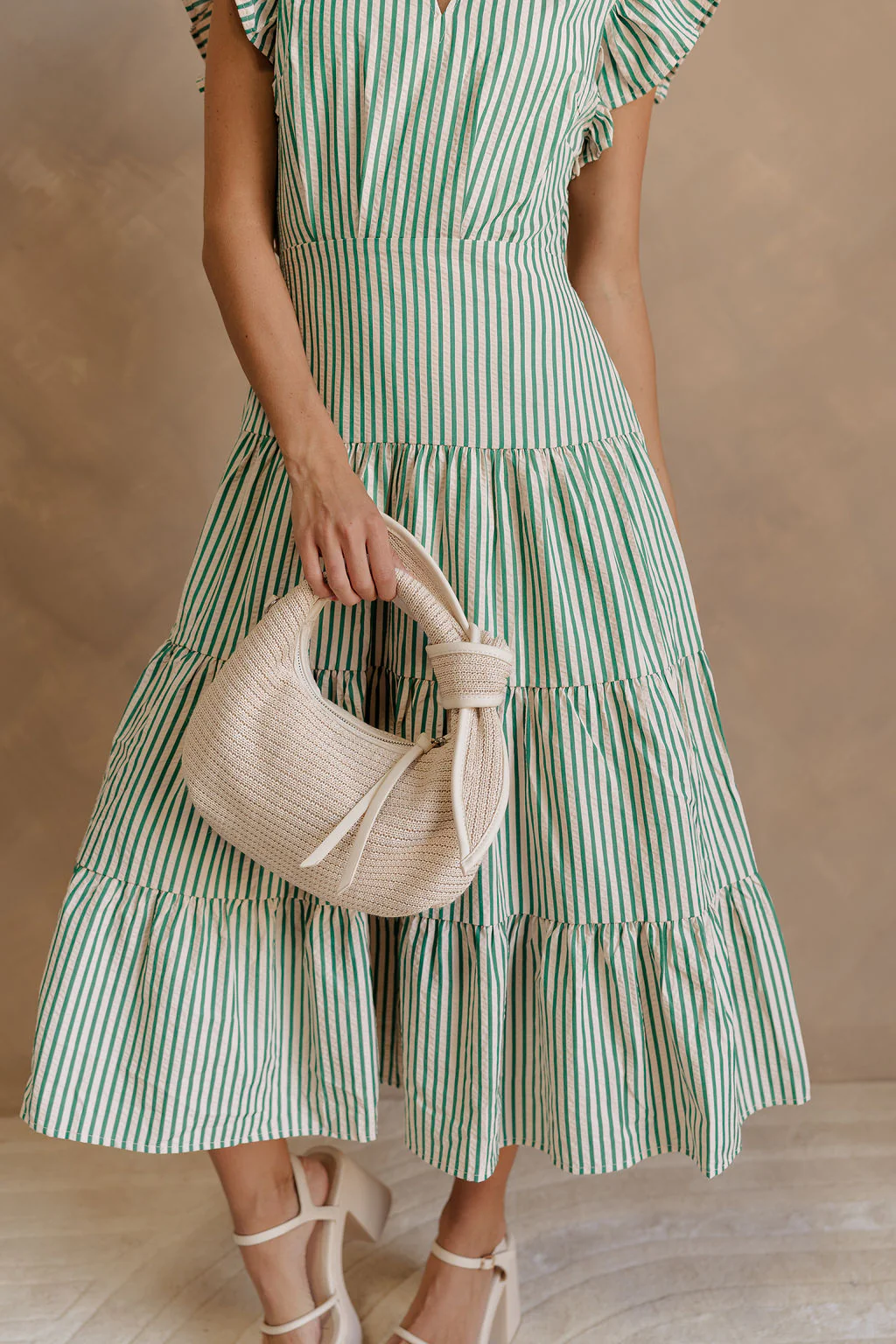 Zoey Green & Cream Striped Midi Dress - Image 9